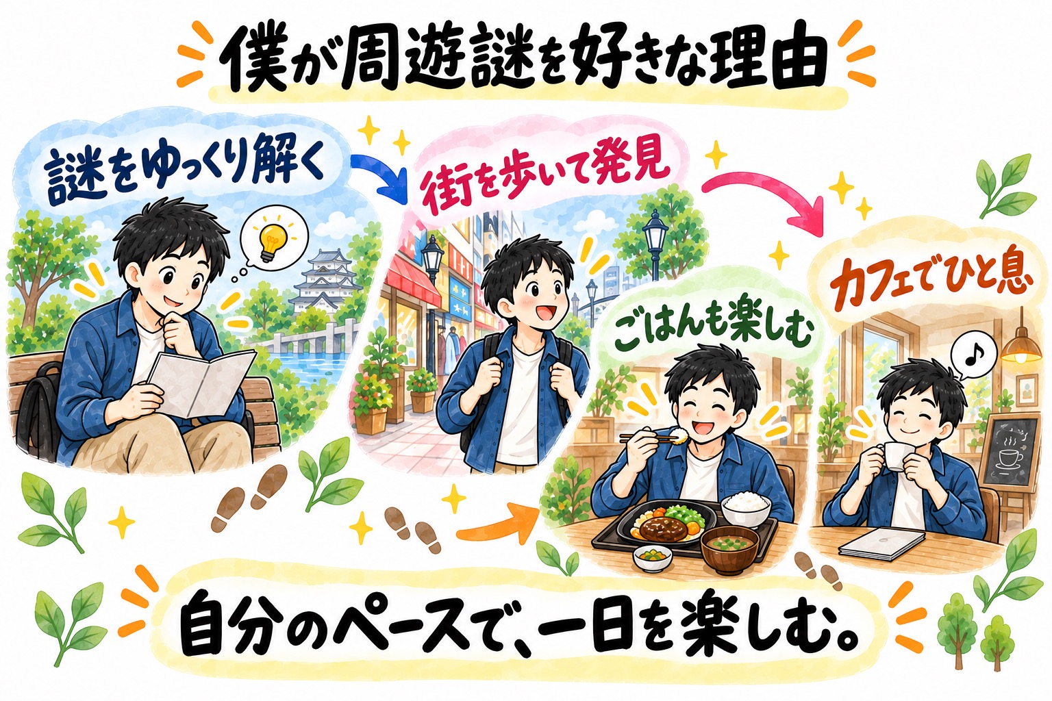 謎をゆっくり解き、街の発見や食事、カフェ休憩も楽しむ。僕が周遊謎を好きな理由を描いたイメージ図