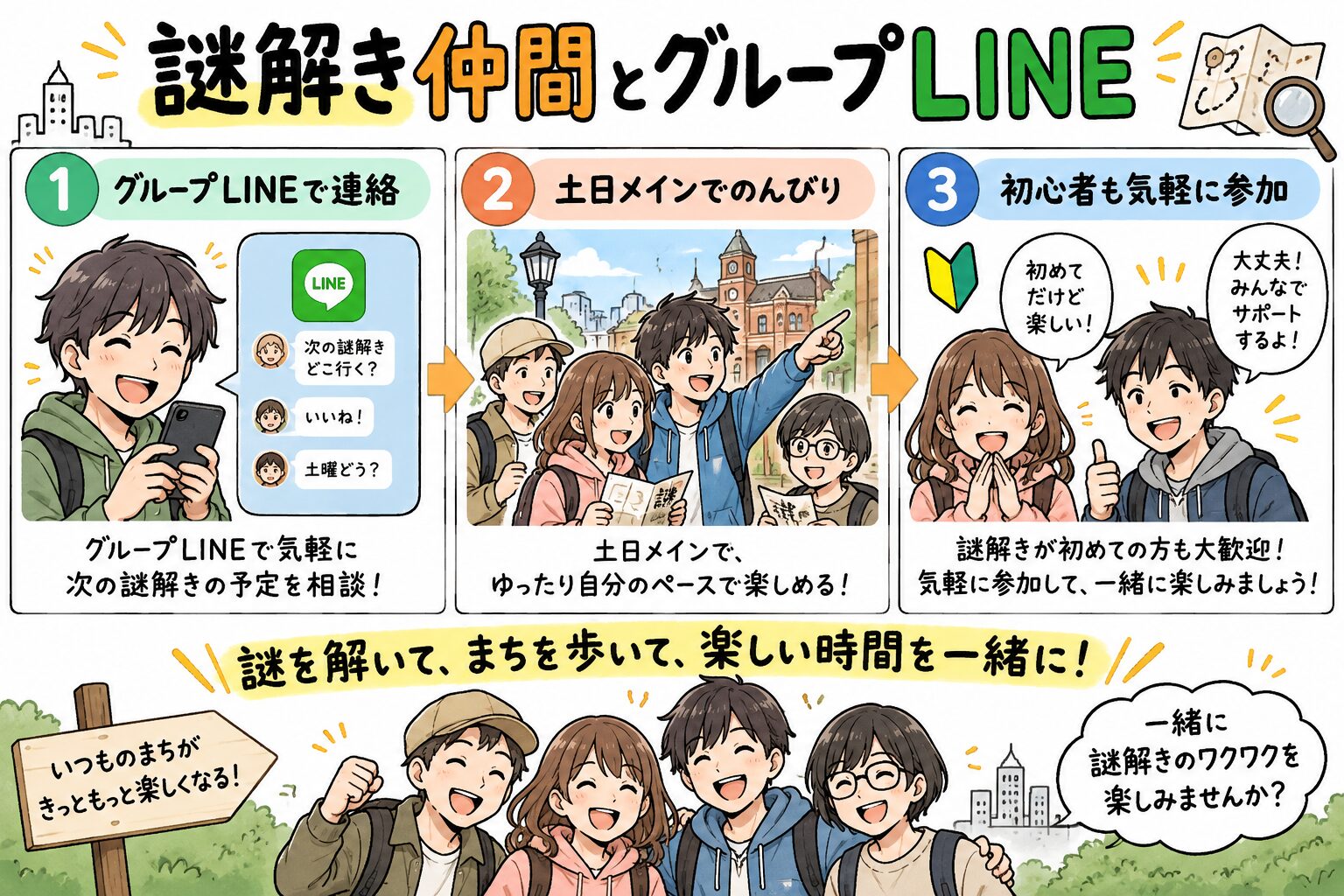 謎解き仲間とグループLINE（LINEで連絡、土日メインでのんびり、初心者も気軽に参加）