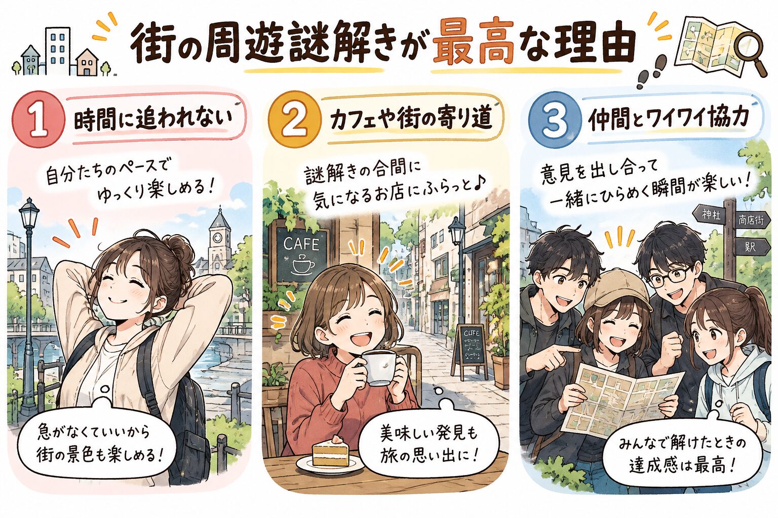 街の周遊謎解きが最高な3つの理由（時間に追われない、カフェや街の寄り道、仲間とワイワイ協力）