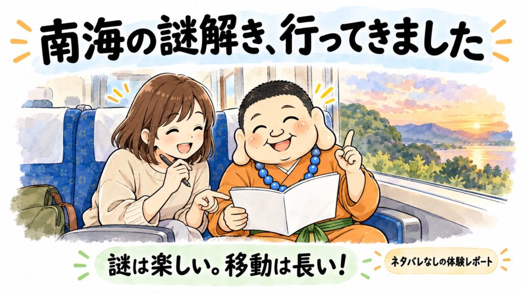電車内でいけちゃんと仲間が白紙の冊子を見ながら考える、南海の謎解き体験レポートのイラスト