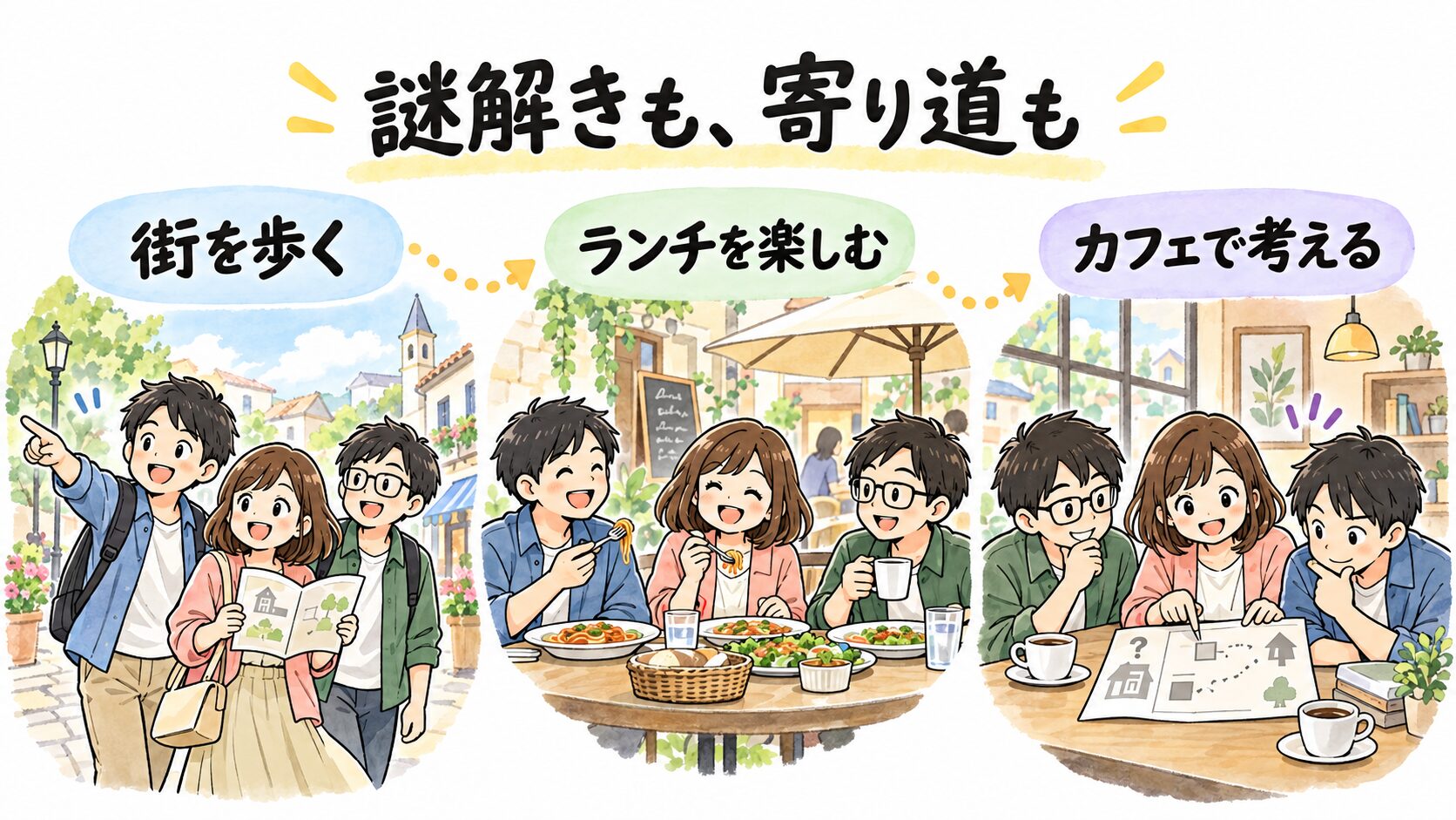 街を歩く、ランチを楽しむ、カフェで考える、謎解きと寄り道をゆったり楽しむ過ごし方