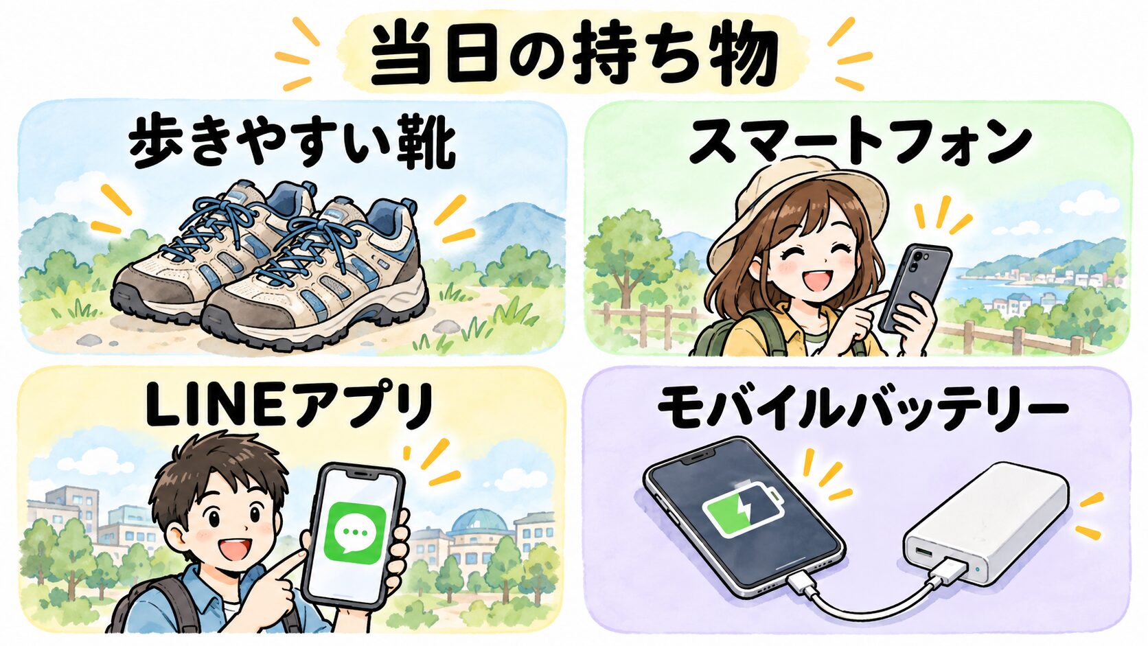 当日の持ち物は歩きやすい靴、スマートフォン、LINEアプリ、モバイルバッテリー