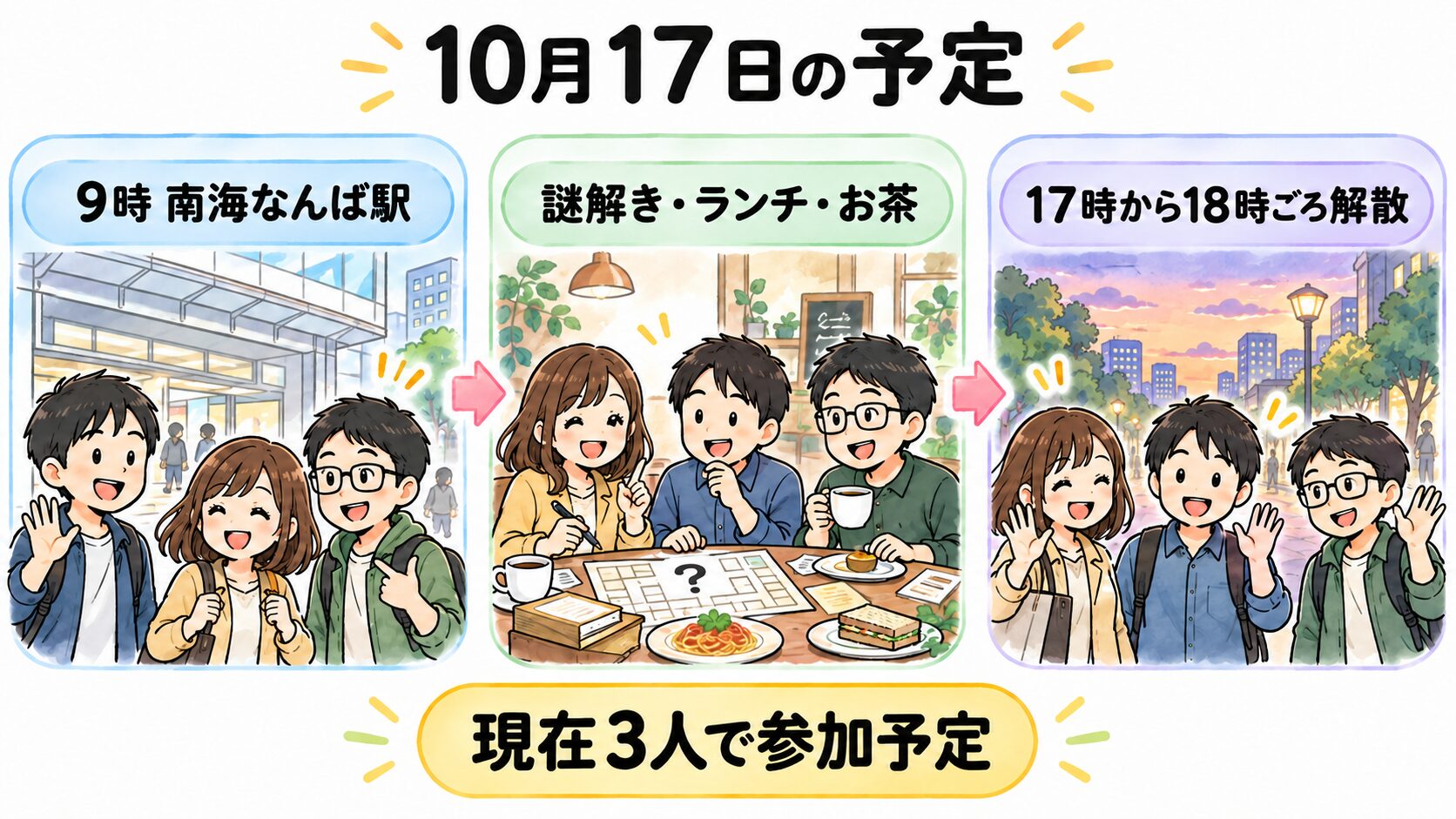 10月17日は9時に南海なんば駅集合、17時から18時ごろ解散予定、現在3人で参加予定